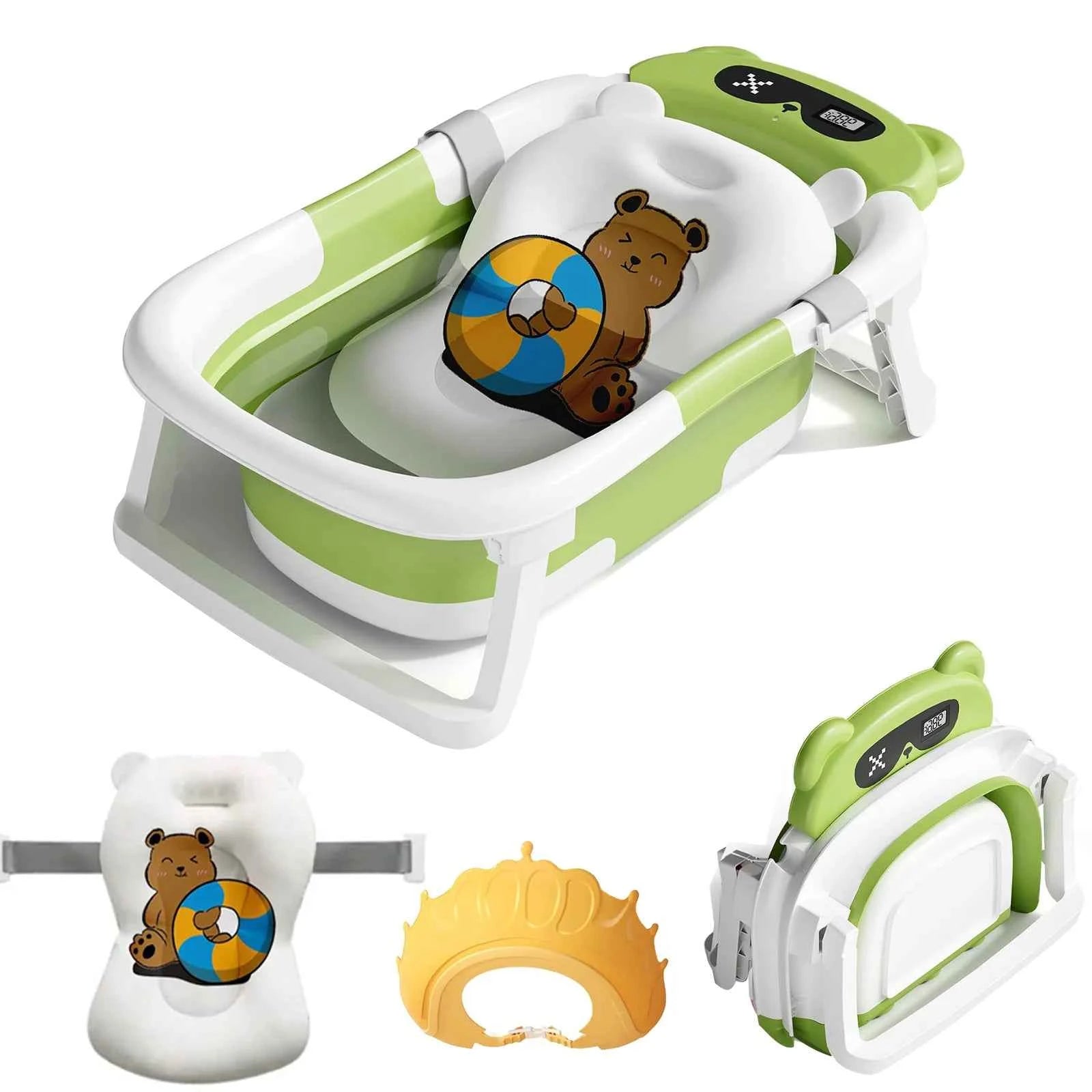 Baby Bath Tub with Bath Cushion Foldable Bathtub with Thermometer Shower Cap Shower Brush for Newborn and Toddler 0-36 Months